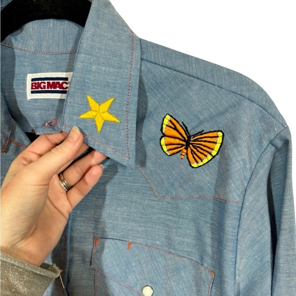 Vintage 70s BIG MAC Embroidered Rooster Chambray Western Shirt Pearl Snap - Picture 4 of 7